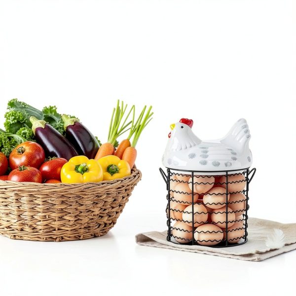 Hiceeden Egg Basket White Metal Wire Chicken Lid Kitchen-5