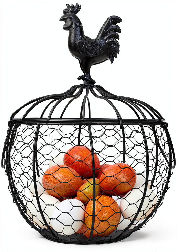 Black metal egg basket with chicken lid on a kitchen counter