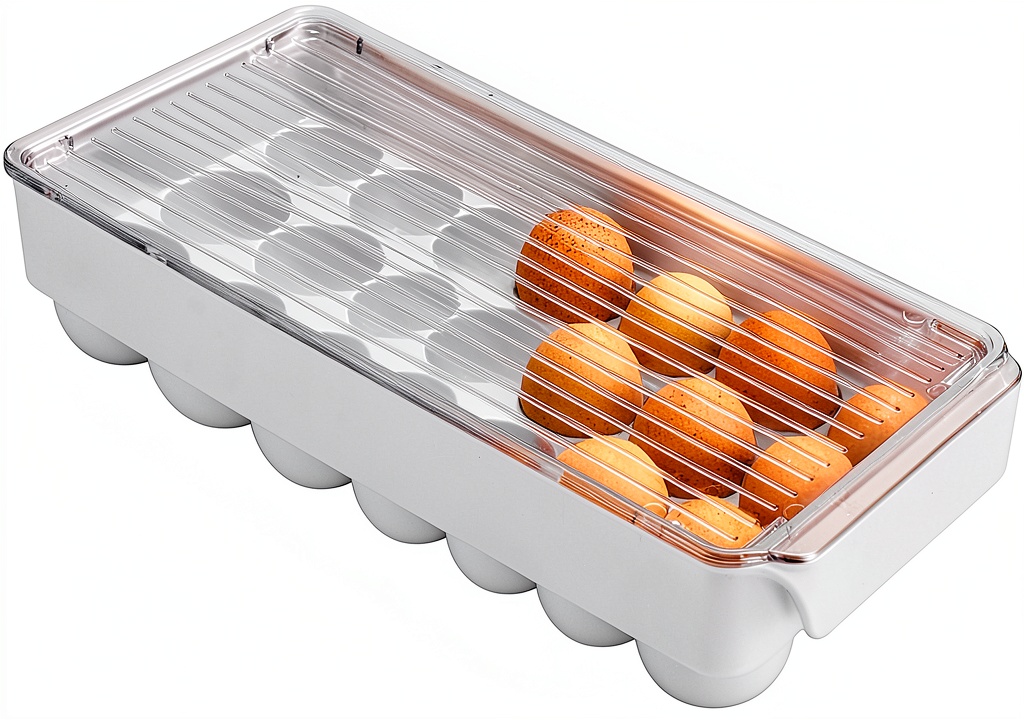InterDesign egg holder plastic 21 egg container with clear lid displayed on a refrigerator shelf
