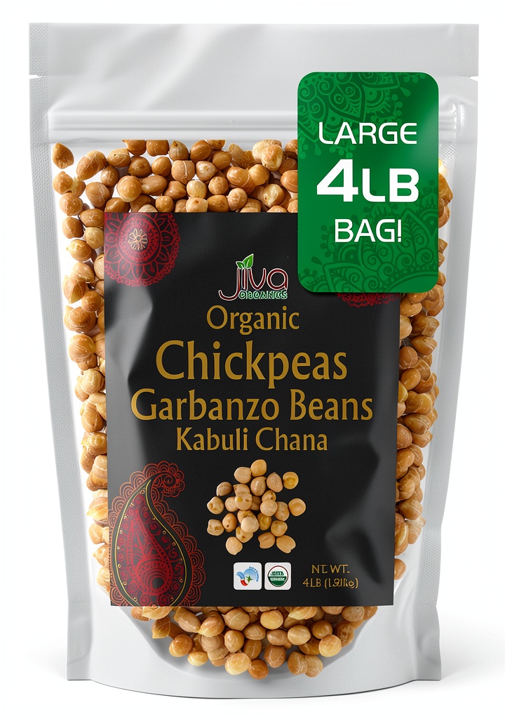 Spicy World Organic Chickpeas in vacuum-sealed bag on kitchen counter