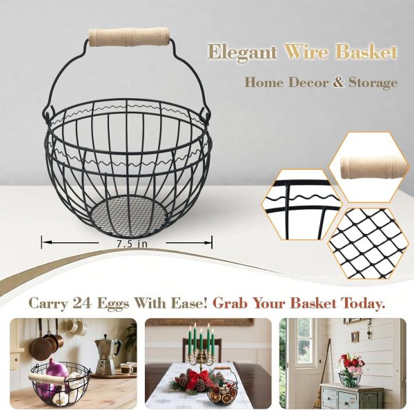 CJDECO Metal Wire Egg Basket Rustic Farmhouse Storage Black-3