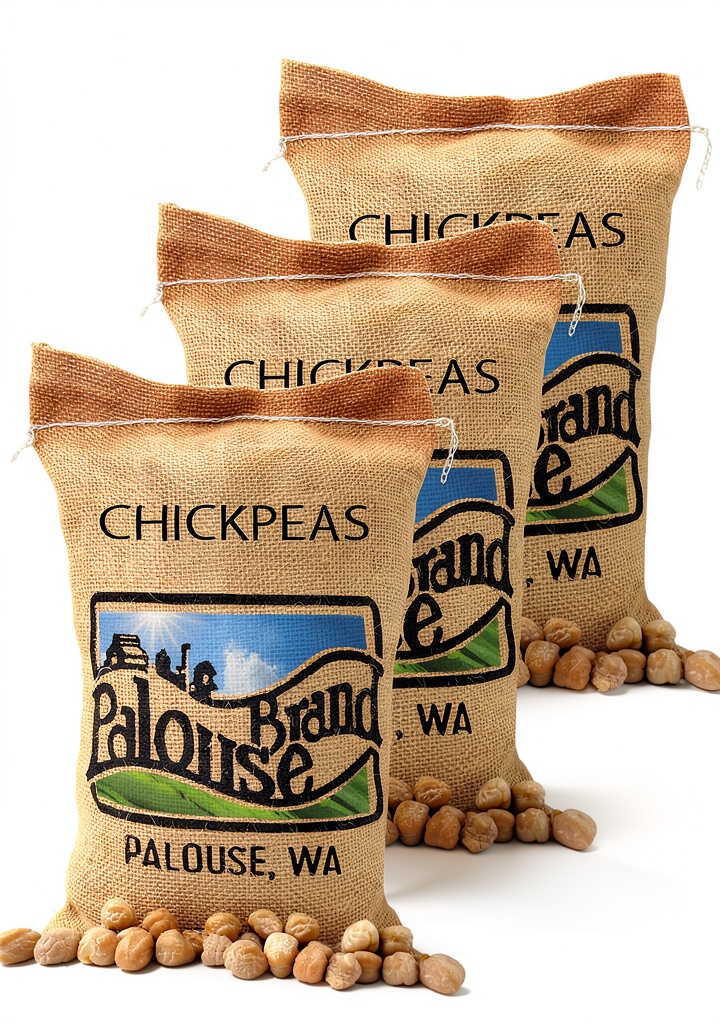 Palouse Brand Chickpeas in various packaging sizes on a kitchen counter