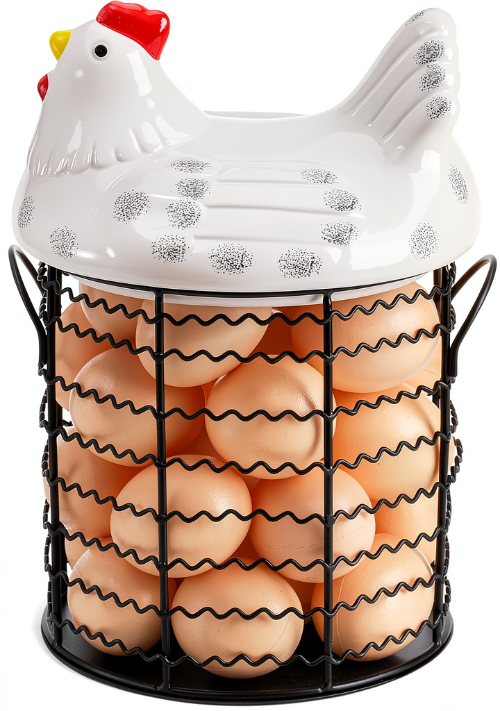 Installing Hiceeden Egg Basket White Metal Wire Chicken Lid Kitchen on a wooden desk