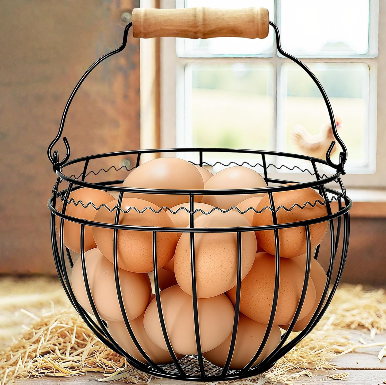 CJDECO black metal wire egg basket on a rustic kitchen counter
